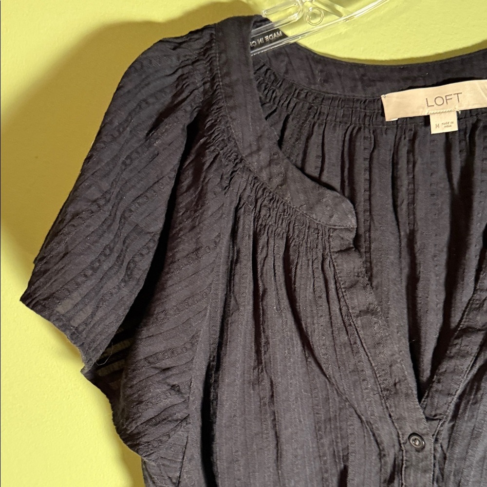 LOFT Navy Textured Flutter-Sleeve Button Front Blouse - Picture 4 of 11